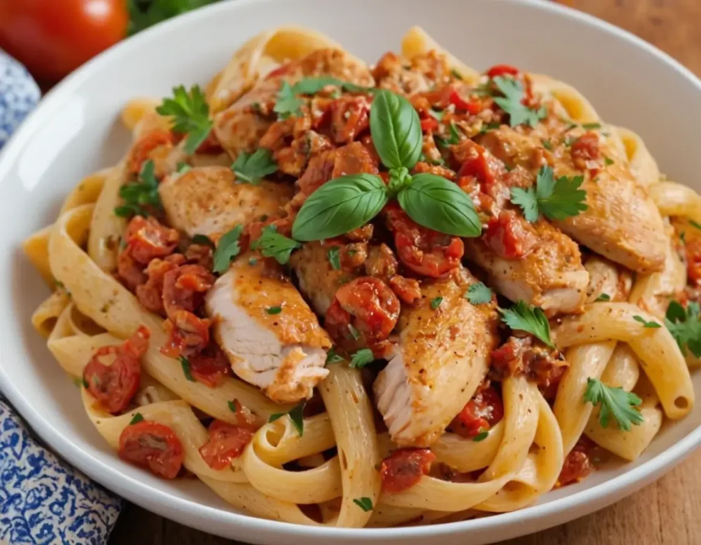 A bowl of creamy sun-dried tomato chicken pasta with tender chicken chunks, rich tomato sauce, fresh basil, and grated Parmesan cheese. Served on a rustic wooden table with crusty garlic bread, a green salad, and a glass of white wine