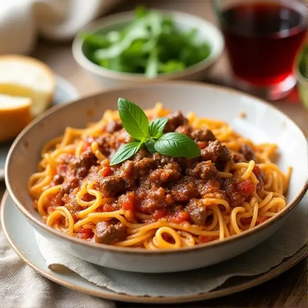 A meal setting featuring a bowl of saucy slow cooker beef pasta with angel hair, served alongside crispy garlic bread and a fresh green salad. A glass of red wine or sparkling water with a slice of lemon is placed next to the plate, with the setup on a wooden table and neutral-toned linens