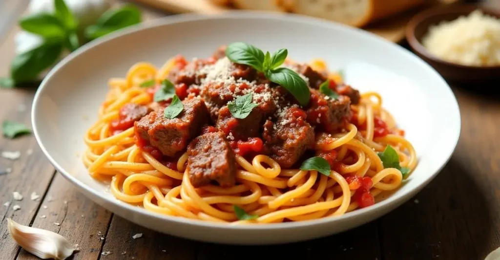 A bowl of slow cooker beef pasta with angel hair, topped with tender beef chunks, marinara sauce, fresh basil leaves, and Parmesan cheese, served on a rustic wooden table with garlic cloves, crusty bread, and a small dish of Parmesan in the background